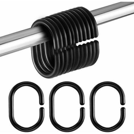 Crochets de rideau de douche en plastique noir, anneaux en forme de C pour tringle de douche/fenêtre de salle de bain, lot de 24, noir (1/5)