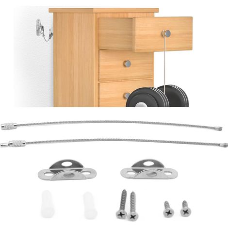 Fijación de muebles antivuelco – Anclajes de pared ajustables de acero inoxidable – Mayor seguridad – 12 elementos de fijación, 6 cables, 24 tornillos – Fácil montaje (1/5)