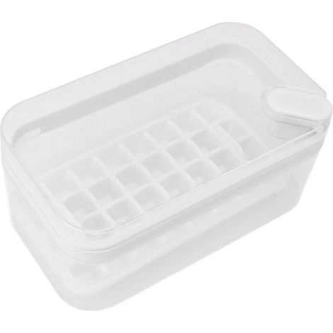 Bac à glaçons en plastique blanc à 32 compartiments, avec couvercle, récipient et verre doseur, pour congélateur. (1/5)
