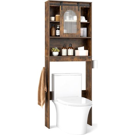 Armoire de Rangement Au-dessus des Toilettes, Organisateur de Salle de bain Ferme, Porte Coulissante Grange, Porte-papier, Étagères Ouvertes, Marron (1/5)