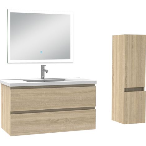 Ocean Ensemble meuble Salle de Bain 100cm avec vasque et colonne et miroir lumineux 3 couleurs chêne wotan