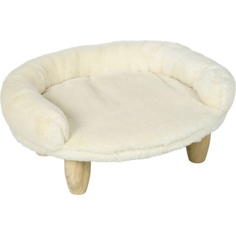 Comodo divanetto per animali domestici, con design rialzato, adatto a cani e gatti, in tessuto di flanella beige, dimensioni 47x40x20 cm, gambe in legno, ideale per l'utilizzo in casa con gli animali. (1/5)