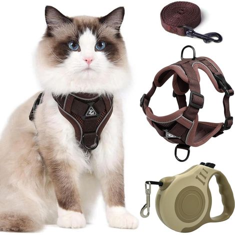 Harnais Chat avec Rétractables Laisse, Reglable Harnais Chaton, Respirant Réfléchissant, et 3m Laisse Rétractables, pour Chat Petit Chien (Café) (1/5)