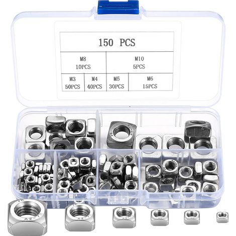 Ensemble de 150 écrous carrés en acier inoxydable, écrous à filetage carré, écrous de fixation, lot d'écrous encastrés pour meubles en bois M3 M4 M5 M6 M8 M10 (Argent) (1/5)
