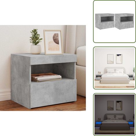 The Living Store Nachttische mit LED-Leuchten 2 Stk. Betongrau 50x40x45 cm - Beton Tisch - Nachttisch Grau - Holznachtteschien - Wohnzimmer Möbel - Schlafzimmerschreibtisch