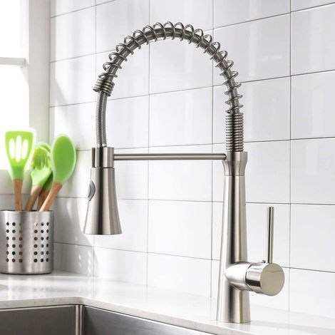 Robinet de Cuisine Nickel Brossé, Mitigeur Évier à Bec Extraible avec Douchette 2 Jets et Rotation 360°, Robinet Moderne à Levier Unique pour Évier Cuisine