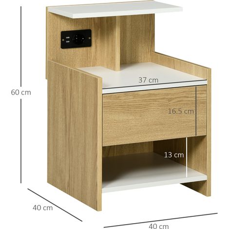 Mesita de noche moderna de madera, mesa auxiliar con 2 enchufes y puertos USB, con cajón, aglomerado, para dormitorio, 40x40x60cm, color madera.