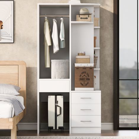 Kleiderschrank 70 x 55 x 175 cm - schlafzimmerschrank mit kleiderstange schubladen und offenen regalfächern aus holz mdf - weiß und natur (1/5)
