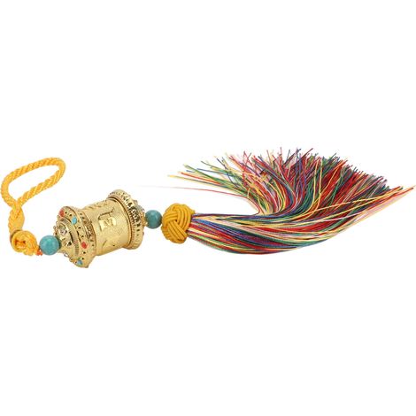 Gebetsmühle Autoanhänger mit bunter Quaste, goldener drehbarer Zylinder, buddhistischer Anhänger, sicherer Glücksbringer (1/5)