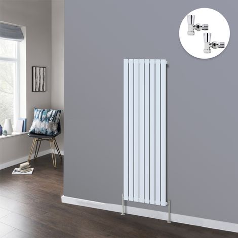 Flat Panel Designer Radiator Bathroom Central Heating Radiators White with Angled Manual Pair of Valves 1600 x 544mm Vertical Single