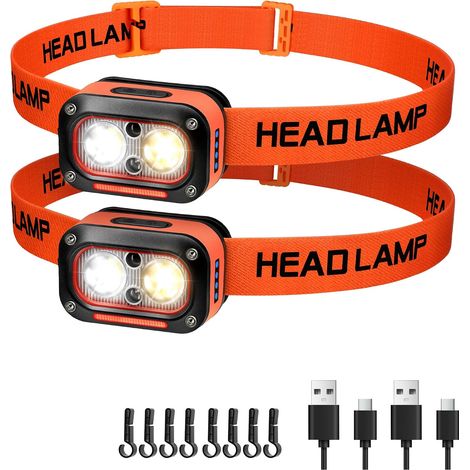 Lampe Frontale LED Ultra Puissante Rechargeable, Torche Frontales Lumière Blanche, Jaune, Rouge pour Casque de Chantier avec Détecteur de Mouvement, étanche pour Camping, Travail, 2 Paquets (1/5)