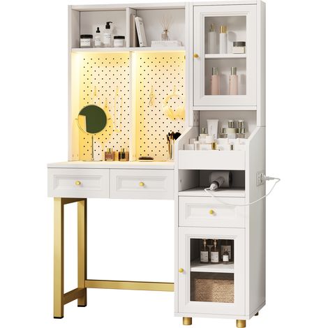Bureau Coiffeuse Blanc 100cm avec LED Bluetooth, Panneau Perforé, Station de Charge USB, Vitrine et 3 Tiroirs - Table de Maquillage Multifonction (1/5)