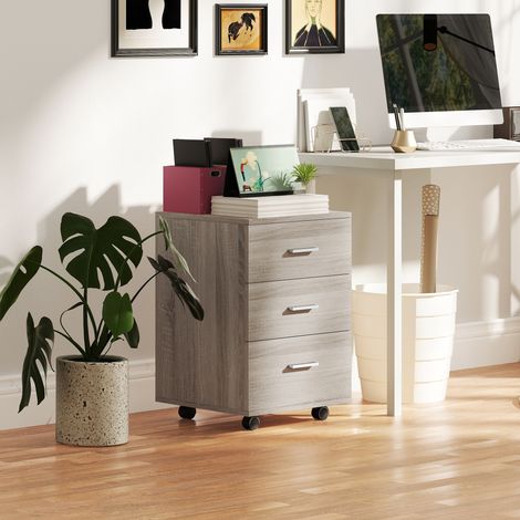 Cassettiera da scrivania con 3 cassetti, ruote, serratura, 2 chiavi, mobiletto portadocumenti per studio o soggiorno, 40x40x61,5 cm, grigio (1/5)