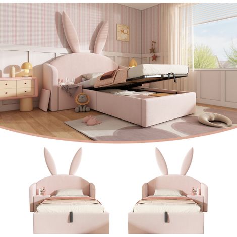 Letto imbottito 90x200 cm rosa con decorazione a orecchie di coniglio, letto per bambini con contenitore e comodino, morbido letto in velluto (senza materasso) (1/5)