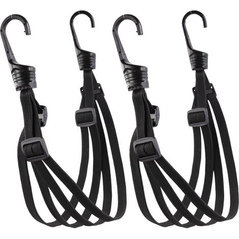 Lot de 2 Noir Tendeurs Coulissants à 4 Cordes avec Crochets - Longueur 60cm,  - Tendeur Robuste en Latex et Nylon pour Velo - Crochet de 3.2mm en INOX