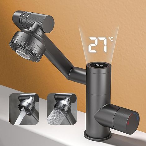 Mitigeur lavabo gris foncé extractible, robinet salle de bain moderne 2 modes, mélangeur eau chaude froide avec douchette flexible design contemporain (1/5)