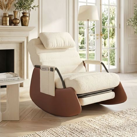 Skandinavischer Schaukel- und Stillsessel aus Bouclé-Stoff Beige - Relaxsessel mit Fußstütze und Kopfstütze - Verstellbare Rückenlehne - 91,5x67x92 cm
