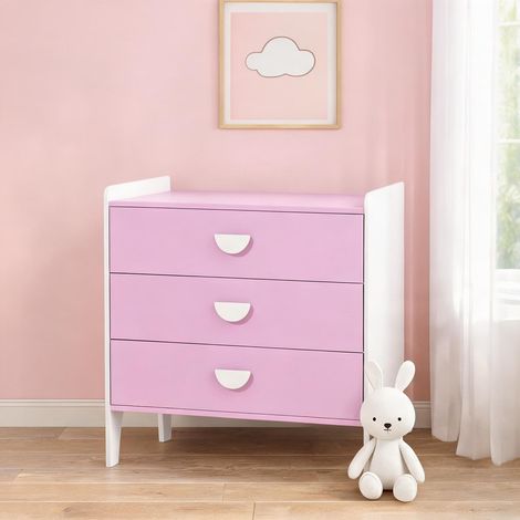 Commode enfant 3 tiroirs MDF rose et blanc 60 x 40 x 60 cm (1/5)