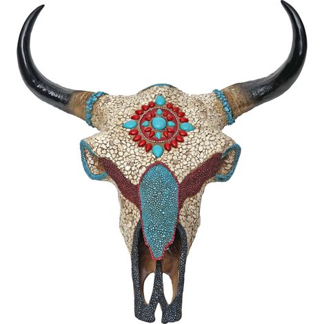 Crâne de décoration vache HWC-D31, polyresin, sculpture, taureau avec cornes, mosaïque 51x50x25cm (1/5)
