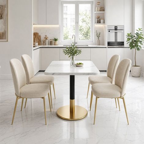 Table à manger rectangulaire 80x60 cm plateau marbre blanc et pieds métalliques noirs à base dorée. Pour cuisine,salle à manger et réunion.