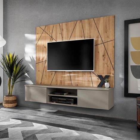 Ensemble Meuble TV Ligne "Xari" 160cm Naturel & Gris Argile