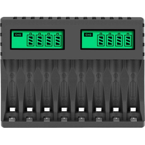 Chargeur intelligent à 8 emplacements avec écran LCD pour piles rechargeables AA/AAA NiCd NiMh. Noir.