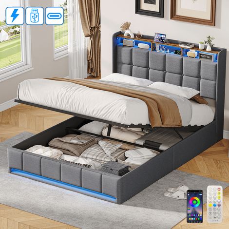 Lit coffre 160x200 cm avec rangement, Tête de lit capitonné avec éclairage LED et ports USB, Sommier à lattes, Tissu en lin, Gris (1/5)
