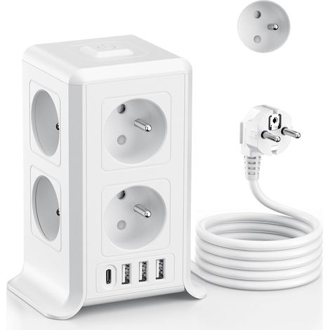 Multiprise avec Interrupteur Tour, Françaises 12 en 1 Prise Multiple avec 8 AC et 4 USB, Multiprise 1 USB C et Rallonge Electrique 2M, Multi Prise Electrique Convients Maison, 3680W, Blanc (1/5)