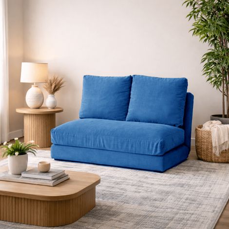 Schlafsofa Japandi-Zweisitzer aus blauem Stoff – niedrige