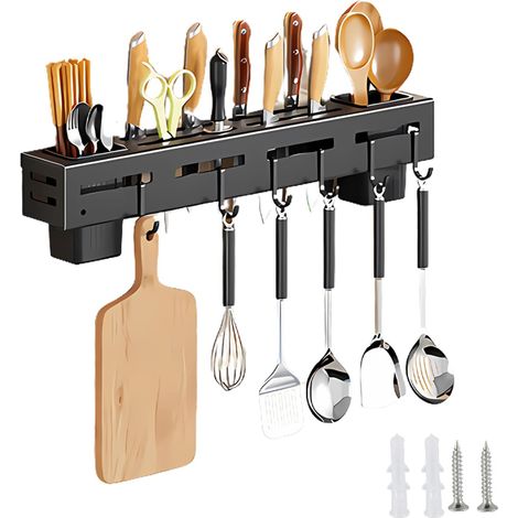 Barre de rangement auto-adhésive pour ustensiles de cuisine – 6 crochets pour suspendre les ustensiles – Installation sans perçage – Barre de rangement pratique pour accessoires de cuisine et outils d (1/5)