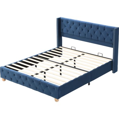 Letto capitonné 160 x 200 cm in velluto blu con rete a doghe, testiera, piedi in legno (1/5)