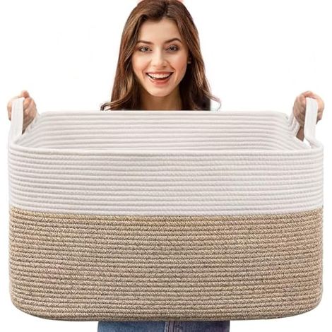 Esteopt Grand panier de rangement pliable 65L avec poignées - Boîte de rangement en tissu résistant pour jouets, couvertures, vêtements saisonniers - Design pliable gain de place (55x38x30cm) (Lin bla