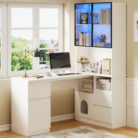 Bureau d'angle 120x80x180 cm - Avec étagères et vitrine LED - 3 tiroirs, 2 portes et étagères ouvertes - MDF - Blanc (1/5)