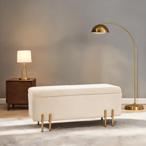 Pouf de rangement beige en velours avec piètement doré (1/5)
