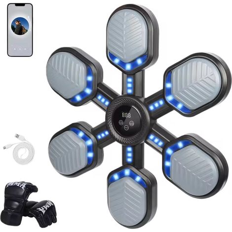 Machine de boxe musicale murale, entraîneur de boxe intelligent Bluetooth avec éclairage LED et gants de boxe, jeu de frappe à 6 cibles pour adultes et enfants, entraînement à domicile et anti-stress( (1/5)