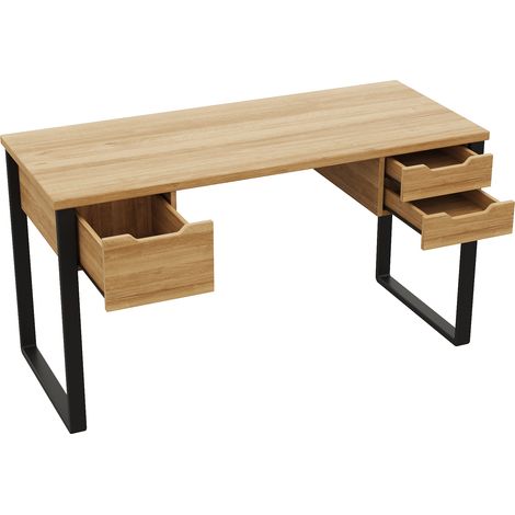 Bureau minimaliste en bois et acier avec 3 tiroirs, plateau mélaminé 130x55x76 cm, couleur bois naturel et noir (1/5)