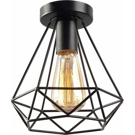 Plafonnier Industrielle forme Cage Diamant 20cm, Lampe de Plafond Vintage E27 Lustre Luminaire en Métal Design Rétro pour Balcon Couloir Salle de Bain Entrée Cuisine, Noir - Noir BLOW (1/4)