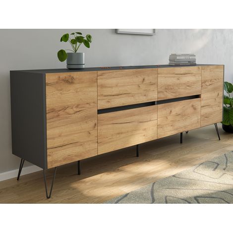 Sideboard Yako 200cm 2 Türen 4 Schubladen Grafit mit Eiche Fronten (1/5)