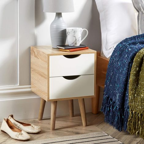 Bedside Cabinet 2 Drawer Oak White Lamp Side Table Solid Wood Legs Scandi Style (1/5)