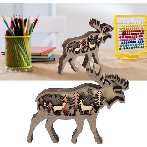 Tierskulpturen aus Holz, Bären- und Hirschfiguren aus Holz, LED-Leuchten, Waldtierornamente, mehrschichtige Holzskulpturen, Büro- und Heimdekorationen, Geschenke, Hirsche. (1/5)