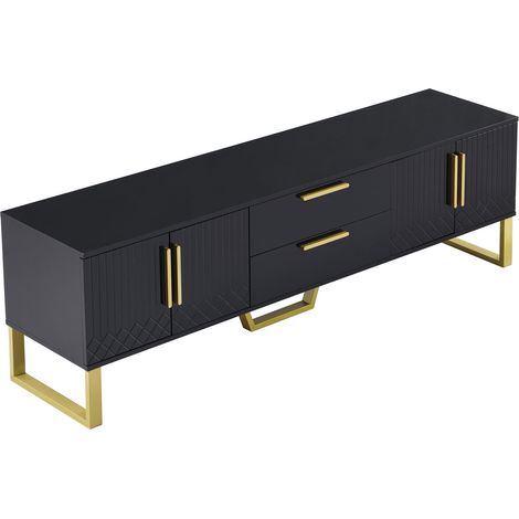 Mueble TV negro brillante y dorado 170x40x53,5 cm de MDF, 4 puertas y 2 cajones MODENUIT (1/5)