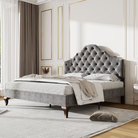Lit rembourré 140×200cm gris velours,cadre et tête lattes bois,tête réglable,montage simple,lit pour adultes et adolescents