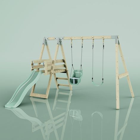 Polarplay – Balançoire double en bois imprégné – Longueur 331 cm – Hauteur 214 cm – Largeur 291 cm – Poids max 50 kg – Toboggan 175 cm vert menthe - VERT 291 X