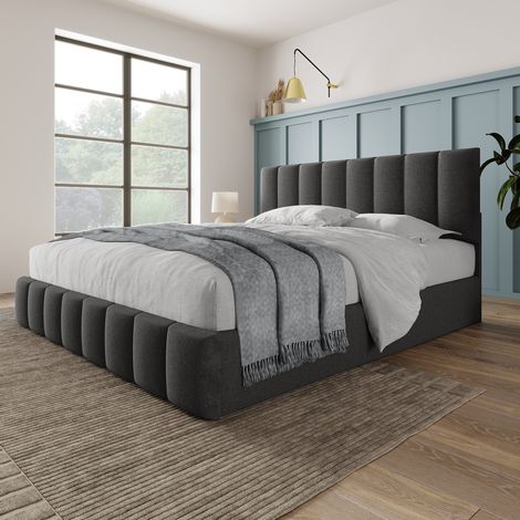 Bett Doppelbett 140x200 cm Grau aus Leinen mit verstellbarem Kopfteil, Lattenrost und Matratze (1/5)