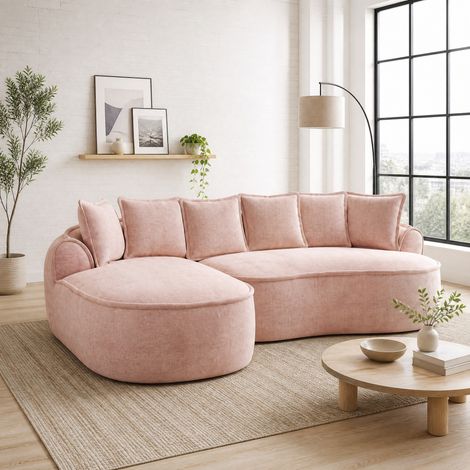 Sofá modular 252x164x67 cm de chenilla rosa, en L con chaise longue, para salón FLORAGRACE (1/5)