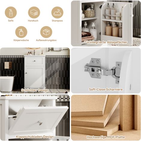 Meuble vasque en MDF – 51 x 46 x 87 cm, laqué, tiroir coulissant, étagères réglables, étagères de porte, pieds hauts, vasque intégrée, blanc – Rangement sur mesure (1/5)