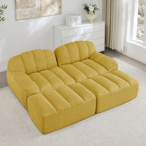 Canapé modulare 2 posti in fleece granulato giallo con 2 pouf, design senza struttura antiscivolo (1/5)