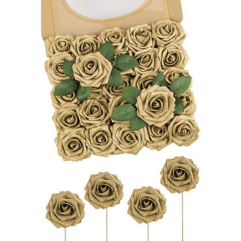 25 Roses artificielles, tige flexible 20,3cm, tête 7,6cm, mousse PE brillante, pour mariage, fête, décoration intérieure