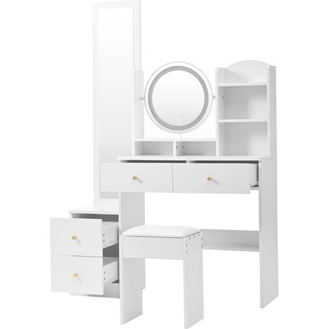 Tavolo trucco 4 in 1 con specchio intero, specchio LED girevole e sgabello, bianco 109x36x164 cm (1/5)