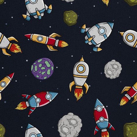 Telas decorativas para exteriores estilo oxford con estampado de cohetes en el espacio. (1/5)